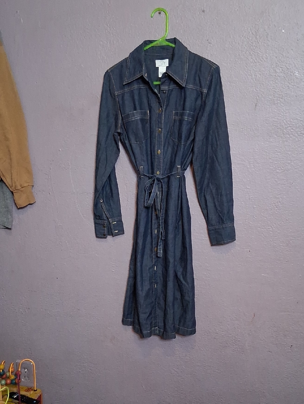 LOFT Dark Blue Denim Button-Front Shirt Dress with Tie Waist